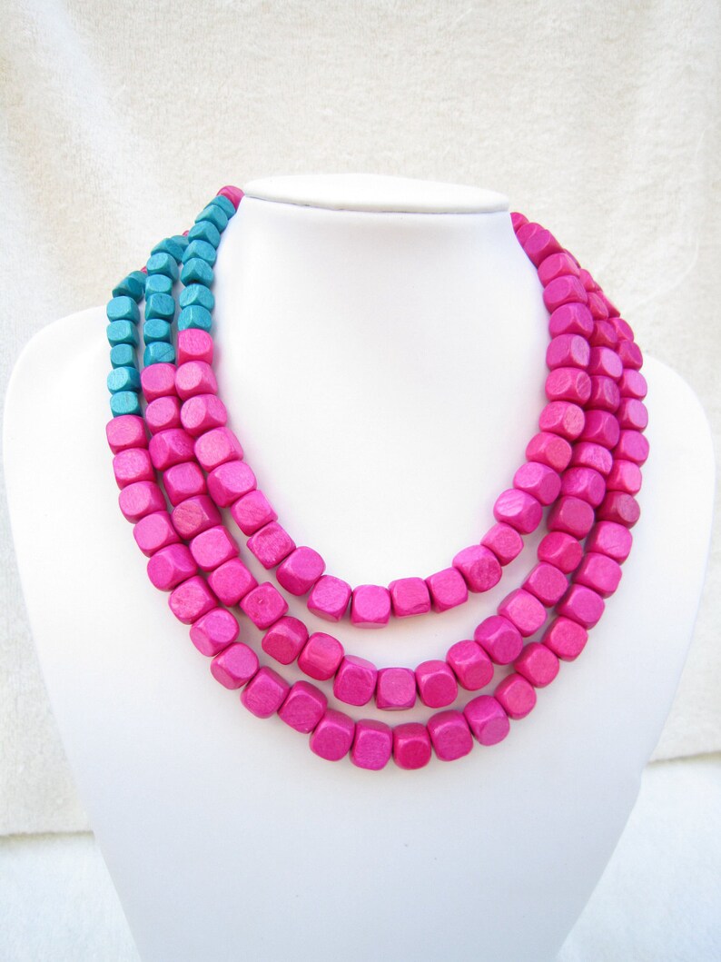 Multi Strand Necklace,Hot Pink,Necklace For Women,Blue Necklace,Bead Necklaces,Statement Necklace,Bridesmaids Gifts,Wedding Gift Ideas,Gifts image 3