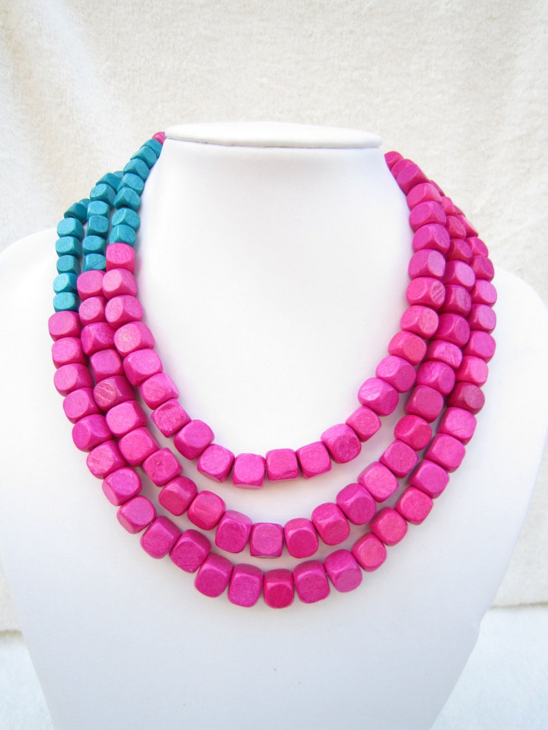 Multi Strand Necklace,Hot Pink,Necklace For Women,Blue Necklace,Bead Necklaces,Statement Necklace,Bridesmaids Gifts,Wedding Gift Ideas,Gifts image 2