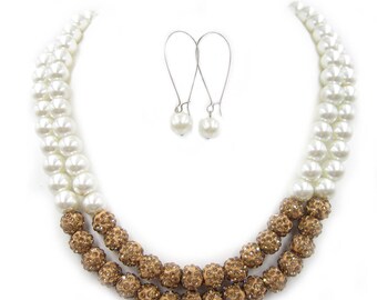 Champagne Statement Necklace Jewelry Set,Khaki Necklace,Bridesmaid Gifts,Multi Strand Necklace,Pearl Necklace,Bridal Jewelry,Gift for Moms