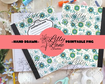 May include: Two composition notebooks with floral patterns in teal, blue, and white. The notebooks have black spines and the text "Lilly Lane Studios" and "Printable PNG" are visible. The notebooks are open, revealing lined pages.