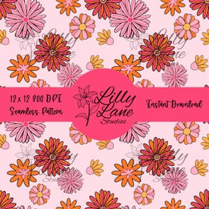 Patrón floral retro brillante / PNG floral sin costuras / Diseño vintage de los años 70 para sublimación e impresión en tela