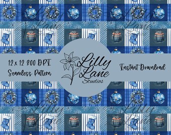 Blue Christmas Seamless Pattern | Cozy Winter Digital Paper | Nordic Holiday Plaid | Snowflake Stocking & Wreath Design | Instant Download