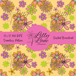 Patrón floral retro brillante / PNG floral sin costuras / Diseño vintage de los años 70 para sublimación e impresión en tela