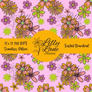 Patrón floral retro brillante / PNG floral sin costuras / Diseño vintage de los años 70 para sublimación e impresión en tela