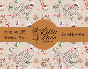 May include: A seamless pattern featuring Christmas-themed illustrations. The design includes teapots, mugs, gingerbread cookies, candy canes, and Christmas trees on a light beige background. The text "Lilly Lane Studios" and "Instant Download" are also present.