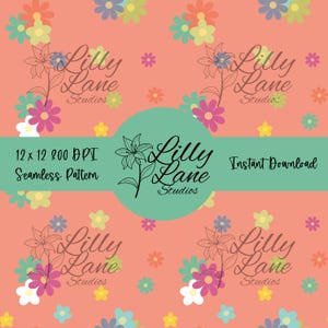 Groovy Retro Floral Seamless Pattern | Digital Download | 70s Flower Power | Boho Daisy Repeat Print for , Scrapbooking  Fabric Design