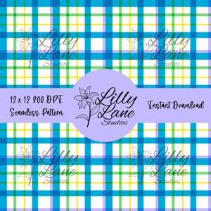 Może przedstawiać: Cyfrowy bezszwowy wzór z niebieskim, zielonym i żółtym wzorem w kratę. Obraz zawiera tekst "Lilly Lane Studios", "12 x 12 200 DPI Seamless Pattern" i "Instant Download". Wzór ma białe tło.