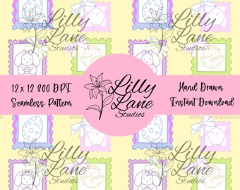 Pastell Ostern Briefmarken Musterdesign |Süße Osterhasen Küken Ei Rahmen |Frühling Digitales Papier | Scrapbooking Stoff Tapete | Druckbare Muster