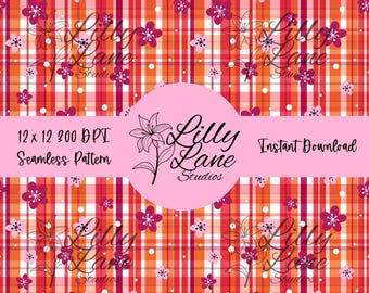 Retro Floral Plaid Seamless Pattern |Hand Drawn| Pink Orange Digital Paper |  Scrapbooking, Fabric Design, Sublimation | Instant Download