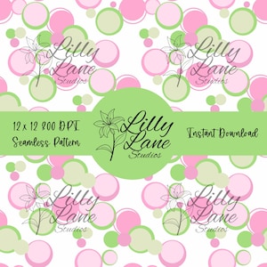 May include: Seamless pattern design featuring pink and green polka dots on a white background. The design includes the text "Lilly Lane Studios" and "Instant Download". The pattern is 12 x 12 inches at 200 DPI.