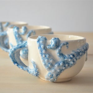 Handmade ceramic octopus mug, funny ceramic mugs with animals, large children's breakfast mugs, Kraken mug in blue and white colour