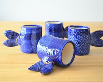 Handmade Fish Ceramic Mug, Blue Breakfast Mug With Fishtail, Coffee and tea ceramic cups, funny handmade mugs for kids