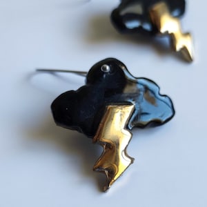 Porcelain cloud and lightning earrings, Storm earrings for women with clouds and gold.