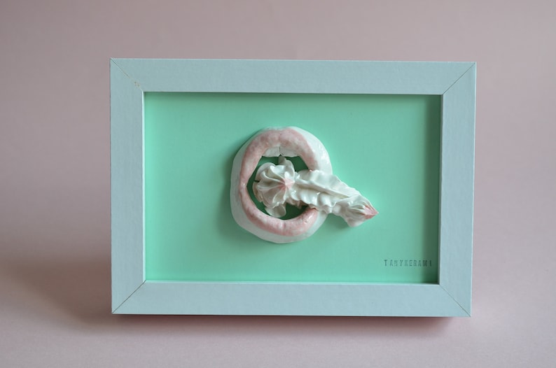 Picture with artistic porcelain mouth sculpture, Porcelain Sculpture on a picture or canvas, Painting and illustration for home decoration image 2