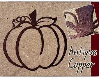 May include: A metal pumpkin cutout in antique copper finish. The pumpkin is outlined in a dark brown color and has a stem and leaves. The image also includes a close-up of the copper finish.