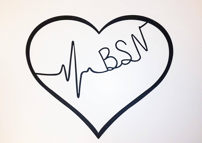 May include: A black and white illustration of a heart with a heartbeat line and the letters "BSN" inside.