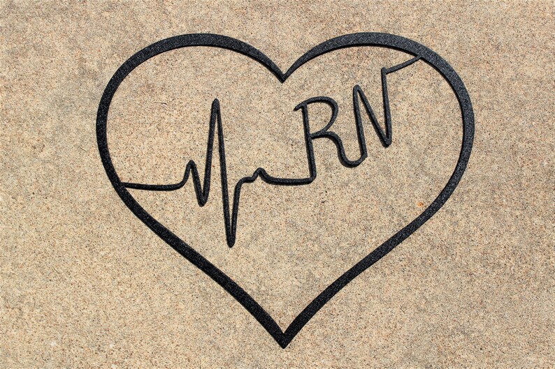 May include: A black heart with a heartbeat line and the letters "RN" inside.