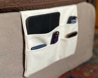 Bedside Remote Control Caddy with Multi-Pockets. Canvas Storage Holder. Bed Organizer for Kindle, Remote, Cellphone and Books.