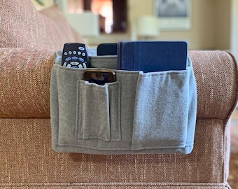 Large Wool & Canvas Remote Control Caddy.  Sofa Arm Organizer.