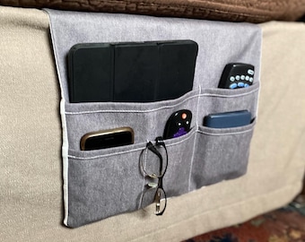 Bedside Remote Control Caddy with Multi Pockets. Duck Canvas Storage Holder Organizer.  Holds Kindle, Cellphone, Remote and More.
