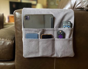 Duck Canvas Remote Control Caddy.  Sofa Arm Organizer.  Steel Grey.