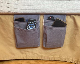 Bedside Remote Control Caddy with Double-Pockets. Canvas Storage Holder. Bed Organizer for Kindle, Remote, Cellphone and Books.