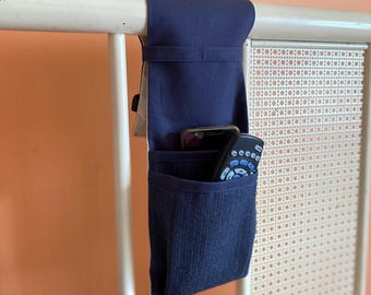 Custom Order for Kristen.  Bed Frame Remote Control Caddy with Double Pockets. Walker Storage Holder. Canvas Bedside Organizer.