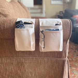 Linen & Canvas Remote Control Caddy with Double Pockets.  Extra Long Armrest Organizer in Narrow or Wide.