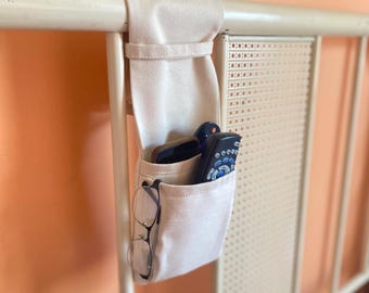 Linen & Canvas Bed Frame Remote Control Caddy. Walker Storage Holder.  Bedside Organizer with Double Pockets.