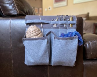Extra Large Knitting Caddy: Sofa Arm Organizer for Yarn, Scissors and Needles.  Wool Fabric and Duck Canvas.