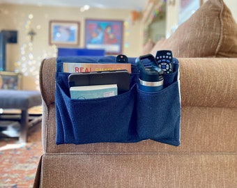 Extra Large Sofa Arm Organizer, Blue Textured Remote Control Caddy