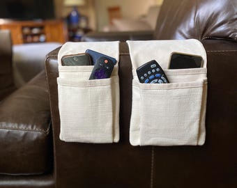 Linen & Canvas Remote Control Caddy. Double Pockets Sofa Caddy.  Extra Long Armrest Organizer in Narrow or Wide.