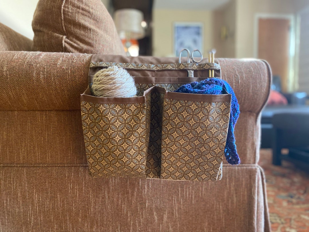 Extra Large Knitting Caddy for Sofa Arm. Pockets for Yarn Skeins, Craft