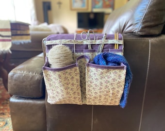 Extra Large Knitting Caddy: Sofa Arm Organizer for Yarn, Scissors and Needles.  Floral Cotton and Duck Canvas.