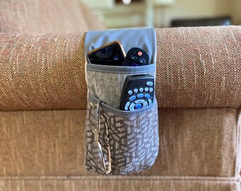 Remote Control Caddy. Armrest Storage Holder. Sofa Arm Organizer.  Couch Caddy with Double Pleated Pockets