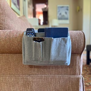 Large Remote Control Caddy. Armrest Storage Holder. Sofa Arm Organizer. Couch Caddy with Multi Pleated Pockets
