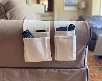 Canvas Remote Control Caddy with Double Pockets.  Extra Long Armrest Organizer.