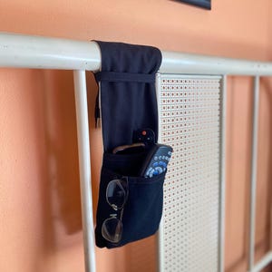 Wool & Canvas Bed Frame Remote Control Caddy. Walker Storage Holder. Bedside Organizer with Double Pockets.