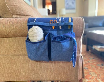 Extra Large Knitting Caddy: Sofa Arm Organizer for Yarn, Scissors and Needles.  Wool Fabric and Duck Canvas.