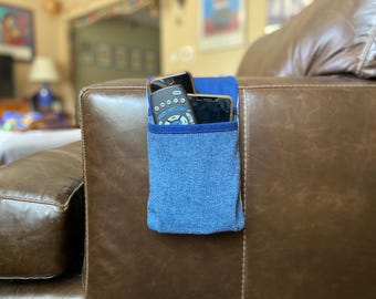 Remote Control Caddy. Double Pockets Sofa Caddy.  Extra Long Armrest Organizer.  Wool & Canvas.