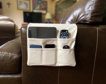 Duck Canvas Remote Control Caddy.  Sofa Arm Organizer.  Natural Canvas.