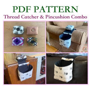 May include: A PDF sewing pattern for a thread catcher and pincushion combo. The pattern includes instructions for making a small, square pincushion and a larger, cylindrical thread catcher. The thread catcher can be attached to a chair arm or a table.