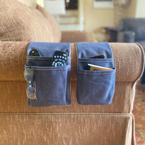 Denim Canvas Remote Control Caddy with Double Pockets.  Extra Long Armrest Organizer in Narrow or Wide.