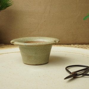 Op de afbeelding: Een kleine, lichtgroene keramische plantenbak met een brede rand en twee kleine handvatten. De plantenbak staat op een grote, gespikkelde, gebroken witte keramische schaal. Een zwarte schaar ligt op de schaal. Twee kleine potplanten staan op de achtergrond.