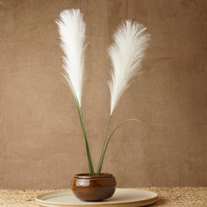 May include: Two white pampas grass stems in a brown ceramic vase on a white and brown surface.