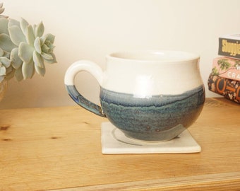 Stoneware mug. Blue and cream mug, Hand thrown stoneware studio pottery. G1379 Stevaceramics