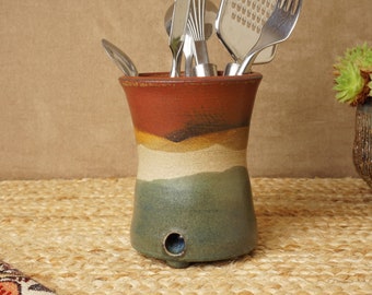 Cutlery Drainer. Mulitcoloured Utensil drainer. Utensil holder. Toothbrush holder. Handthrown stoneware studio pottery. G2001