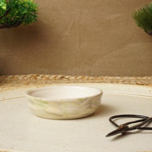 Op de afbeelding: Een kleine, witte keramische kom met groene en bruine marmering staat op een witte dienblad. Een paar zwarte metalen bonsai-scharen liggen op het dienblad.