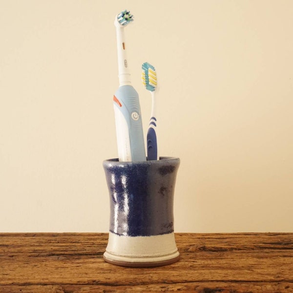 Blue and cream cutlery / utensil / toothbrush holder. Handthrown stoneware studio pottery.