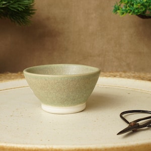 May include: A small, light green ceramic bowl with a white rim, sitting on a white ceramic tray. A small pair of black pruning shears are also on the tray.